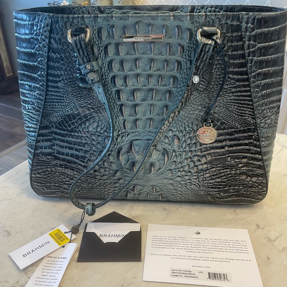 Brahmin Teal Croc-Embossed Leather Shoulder Bag